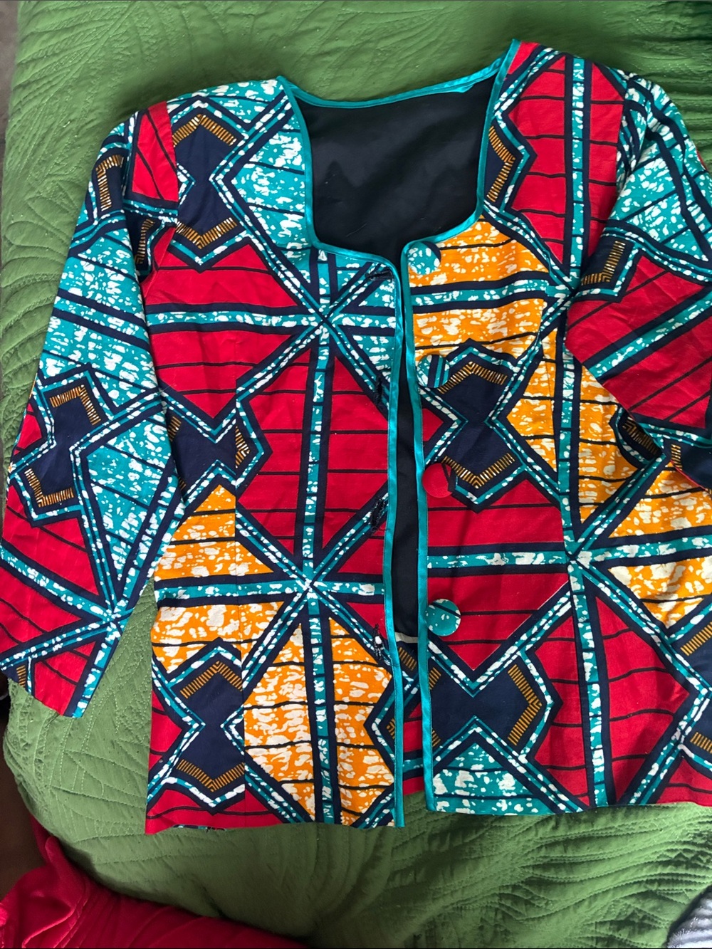 Hand Crafted Vibrant Geometric Jacket - Red, Teal & Yellow